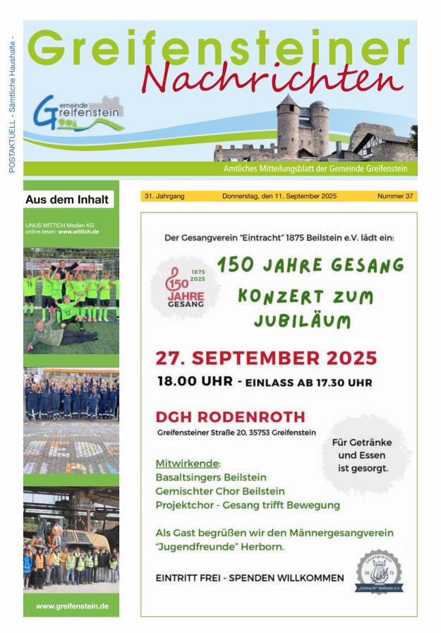 Titelblatt Mitteilungsblatt der Gemeinde Greifenstein Ausgabe: 18/2024