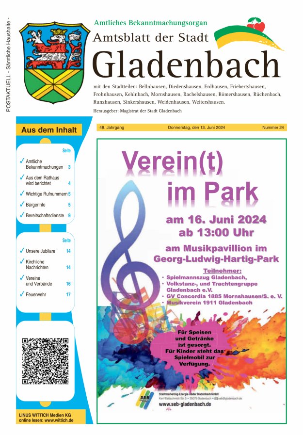 Titelblatt Amtsblatt der Stadt Gladenbach Ausgabe: 20/2024