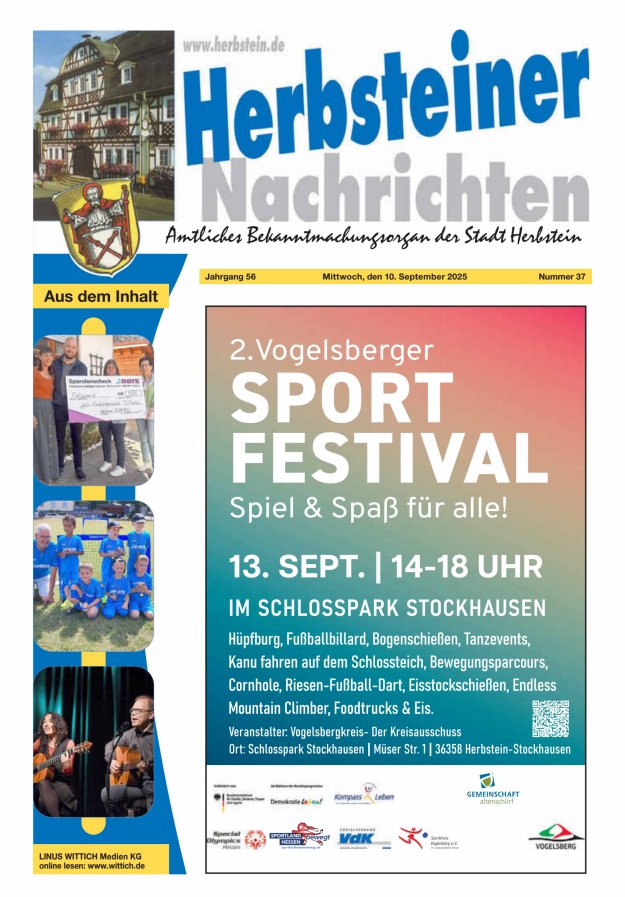 Titelblatt Herbsteiner Nachrichten, Amtliches Bekanntmachungsorgan der Stadt Herbstein