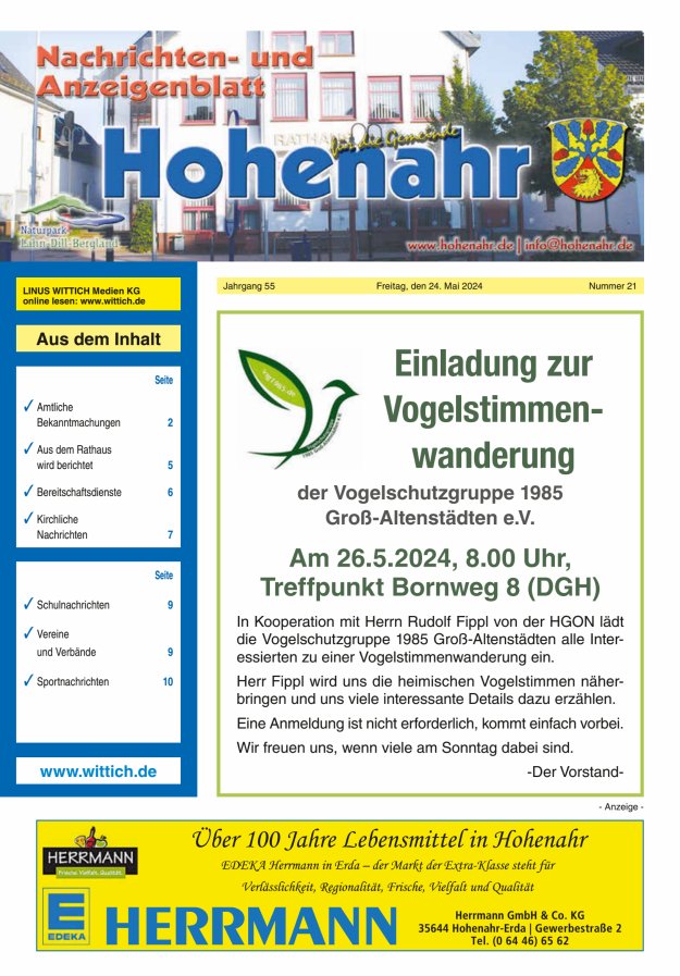 Titelblatt Nachrichten- und Anzeigenblatt für die Gemeinde Hohenahr Ausgabe: 18/2024
