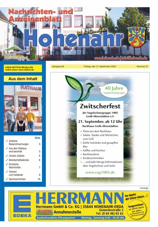 Titelblatt Nachrichten- und Anzeigenblatt für die Gemeinde Hohenahr