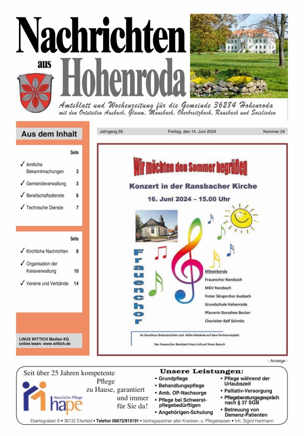 Titelblatt Nachrichten aus Hohenroda Ausgabe: 20/2024