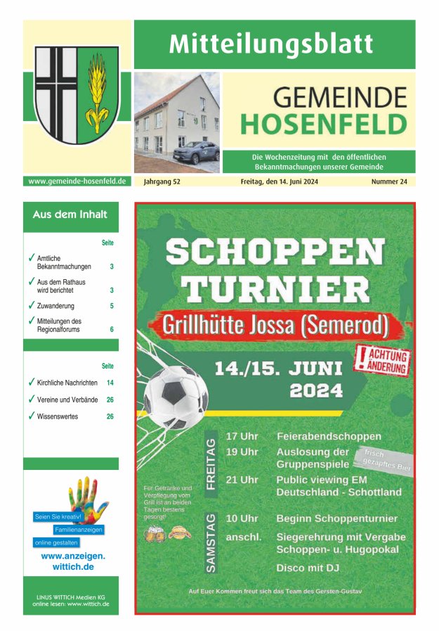 Titelblatt Mitteilungsblatt für die Gemeinde Hosenfeld Ausgabe: 20/2024