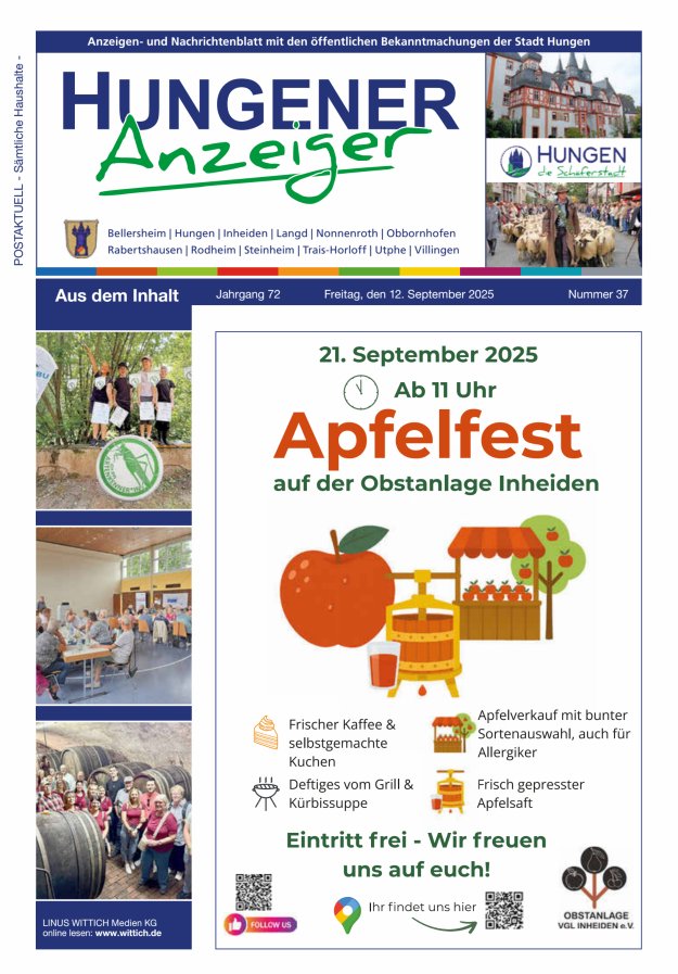 Titelblatt Anzeigen- und Nachrichtenblatt mit den öff  Bekanntmachungen der Stadt Hungen