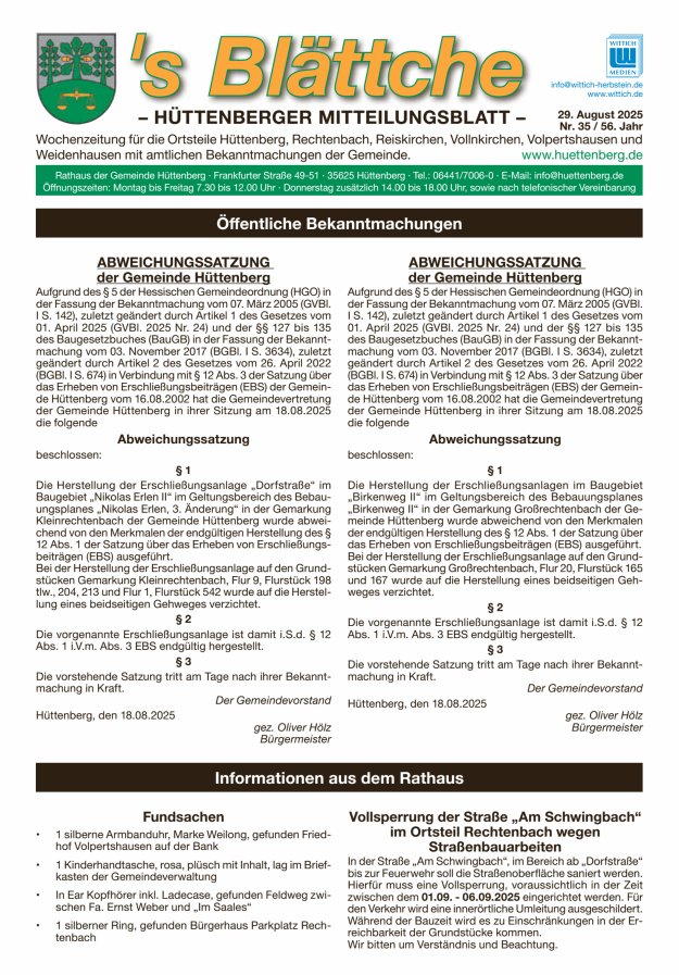 Titelblatt 's Blättche - Hüttenberger Mitteilungsblatt