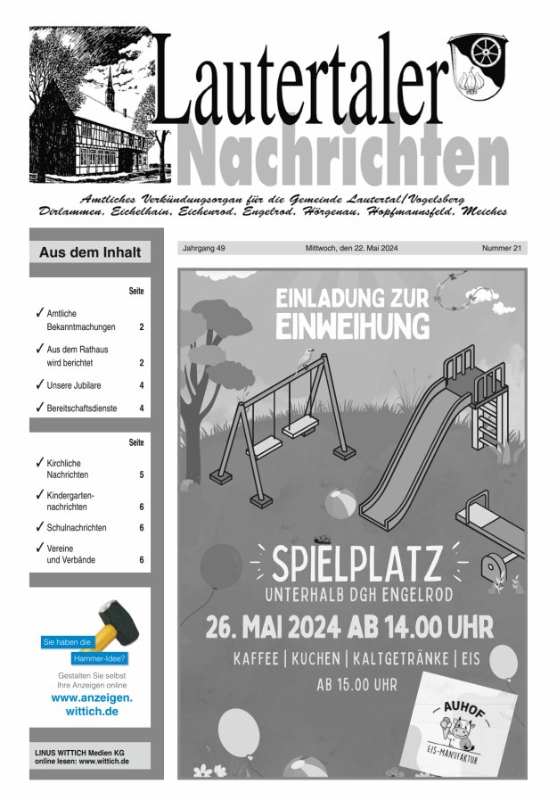 Titelblatt Lautertaler Nachrichten Ausgabe: 20/2024