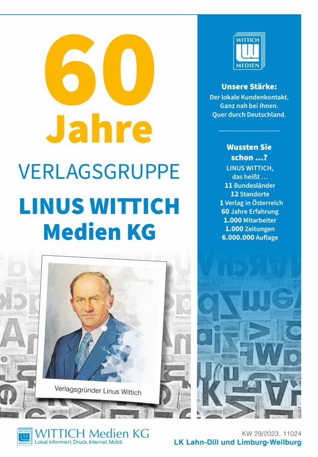 Titelblatt Jubiläumsausgabe LINUS WITTICH Medien Gruppe im Bereich Lahn-Dill/Limburg-Weilburg