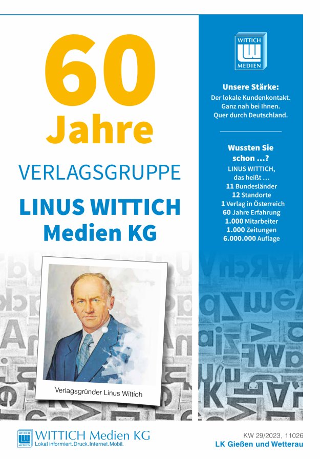Titelblatt Jubiläumsausgabe LINUS WITTICH Medien Gruppe im Bereich der Landkreise Gießen/Wetterau/Marburg-Biedenkopf