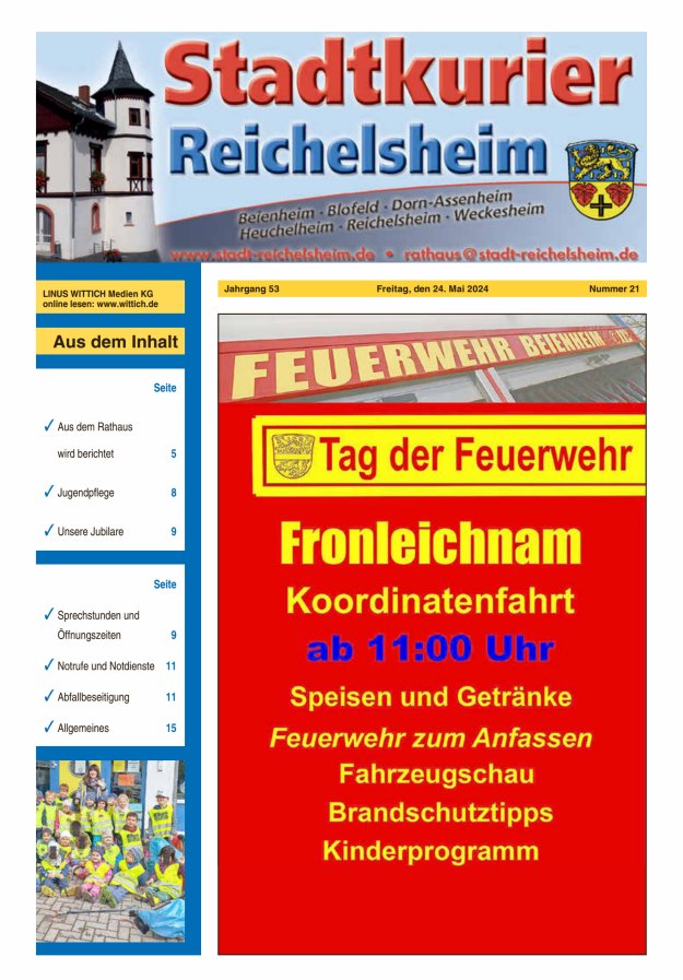 Titelblatt Der Stadtkurier Reichelsheim Ausgabe: 18/2024