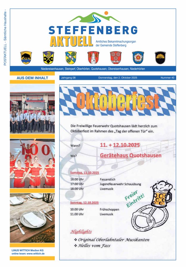 Titelblatt Mitteilungsblatt der Gemeinde Steffenberg Ausgabe: 20/2024