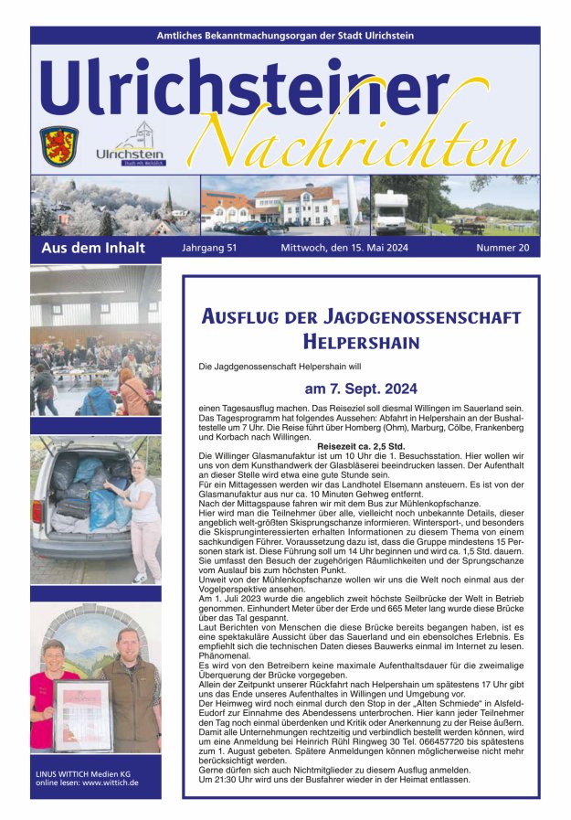 Titelblatt Amtliches Bekanntmachungsorgan der Stadt Ulrichstein Ausgabe: 20/2024