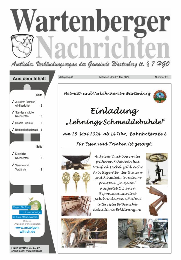 Titelblatt Wartenberger Nachrichten Ausgabe: 18/2024