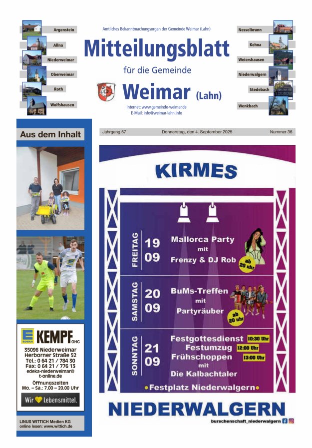 Titelblatt Mitteilungsblatt für die Gemeinde Weimar Ausgabe: 18/2024