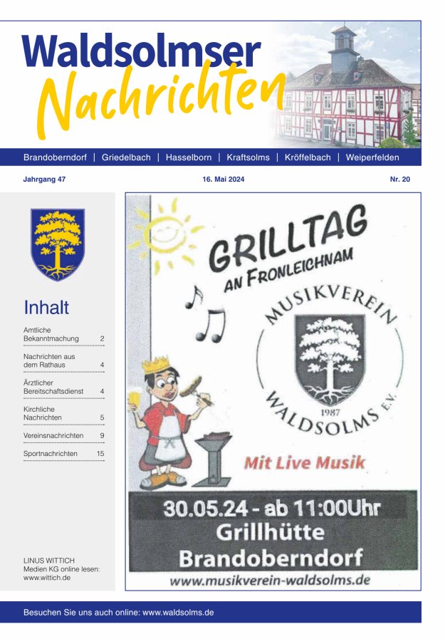 Titelblatt Waldsolmser Nachrichten Ausgabe: 18/2024