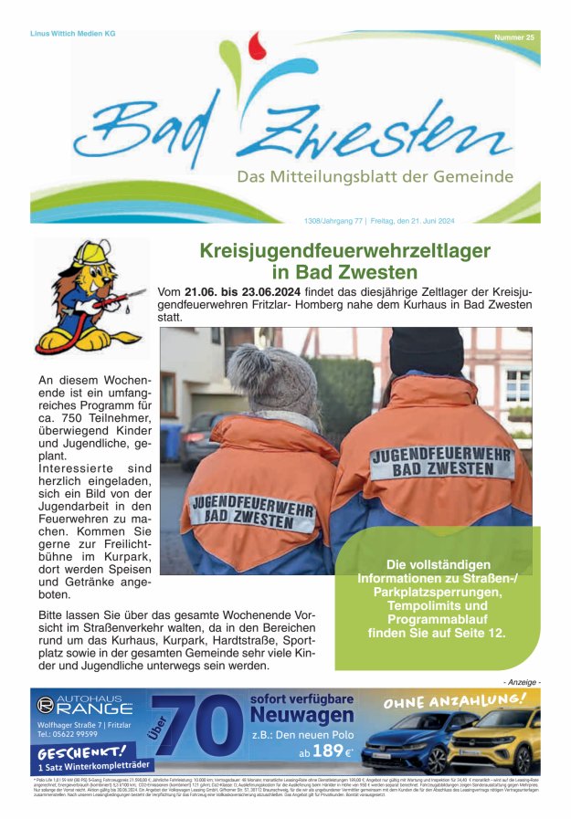Titelblatt Heimatzeitung Bad Zwesten Ausgabe: 20/2024