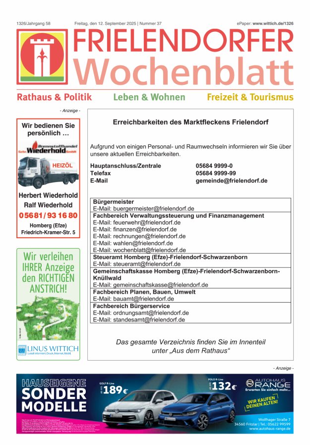 Titelblatt Frielendorfer Wochenblatt Ausgabe: 20/2024