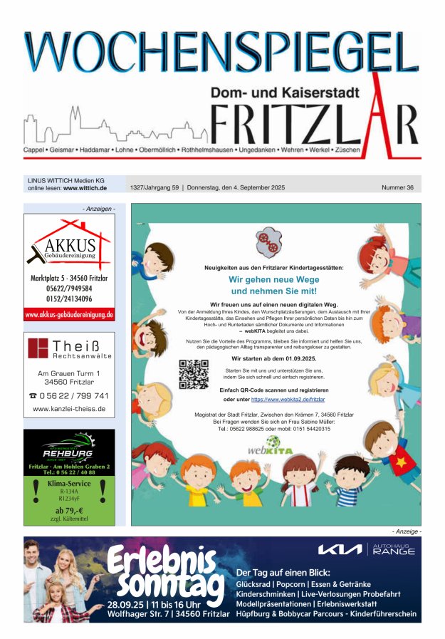 Titelblatt Wochenspiegel Dom- und Kaiserstadt Fritzlar Ausgabe: 18/2024