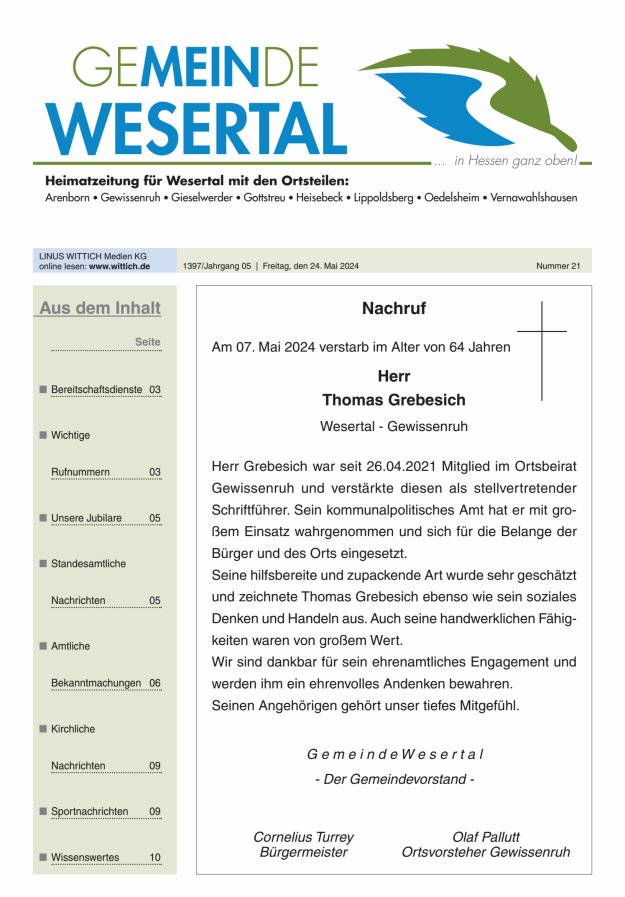 Titelblatt Wesertal Ausgabe: 19/2024
