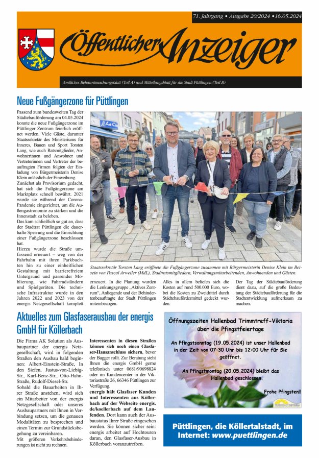 Titelblatt Öffentlicher Anzeiger - Stadt Püttlingen Ausgabe: 20/2024