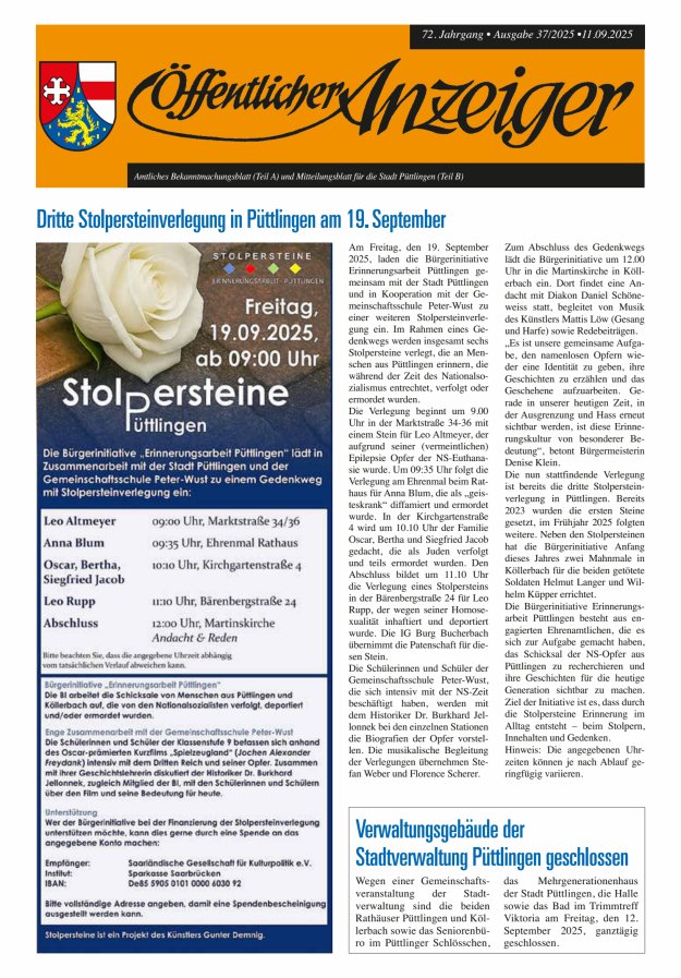 Titelblatt Öffentlicher Anzeiger - Stadt Püttlingen Ausgabe: 17/2024