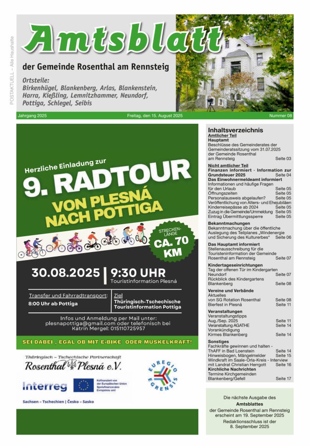 Titelblatt Amtsblatt der Gemeinde Rosenthal am Rennsteig