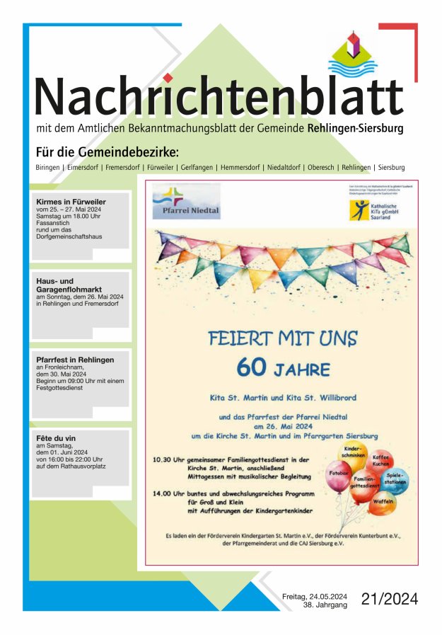 Titelblatt Nachtichtenblatt Rehlingen-Siersburg Ausgabe: 18/2024