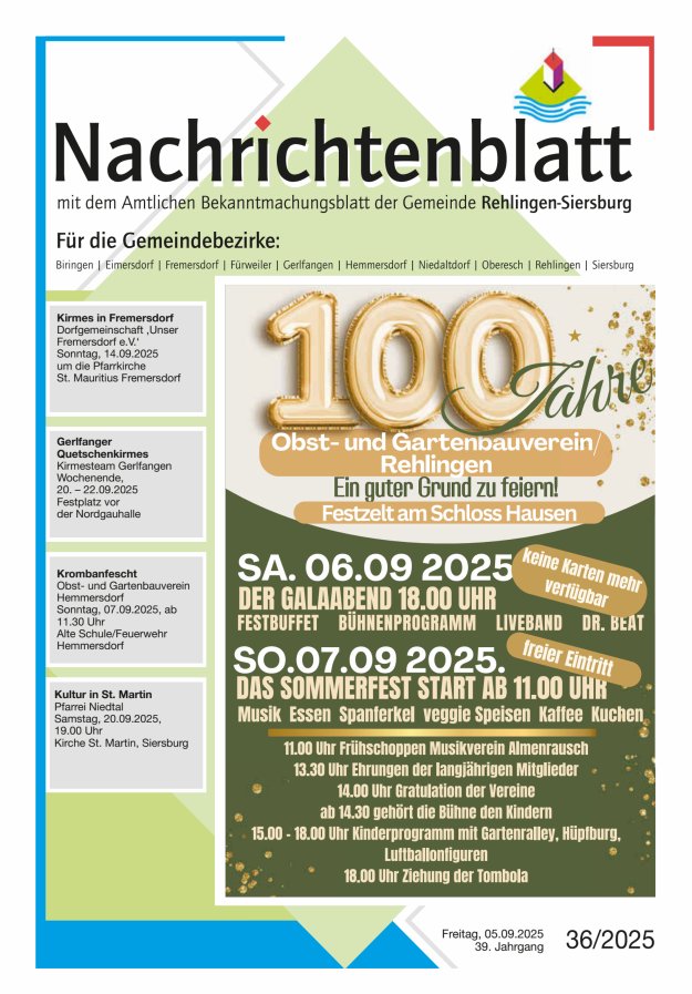 Titelblatt Nachtichtenblatt Rehlingen-Siersburg Ausgabe: 18/2024