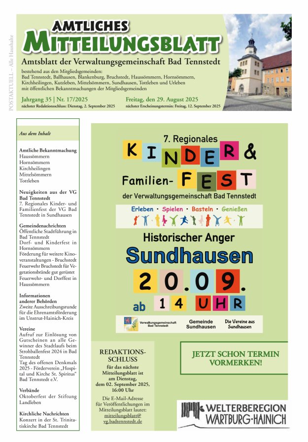 Titelblatt Amtliches Mitteilungsblatt - Amtsblatt der Verwaltungsgemeinschaft Bad Tennstedt