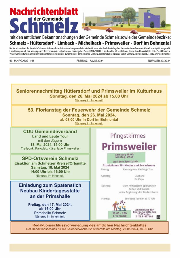 Titelblatt Nachrichtenblatt Schmelz Ausgabe: 20/2024