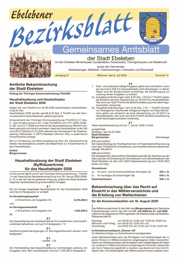 Titelblatt Ebelebener Bezirksblatt Ausgabe: 14/2026