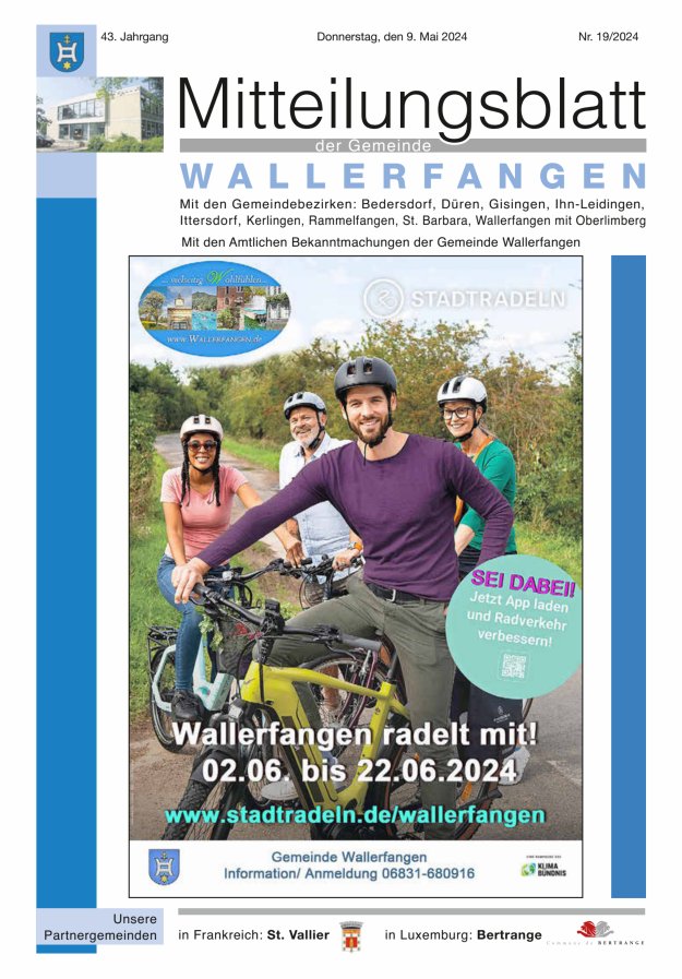 Titelblatt Mitteilungsblatt Gemeinde Wallerfangen Ausgabe: 18/2024