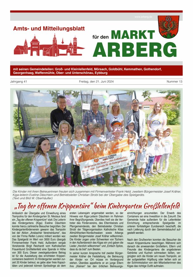 Titelblatt Amts- und Mitteilungsblatt für den Markt Arberg Ausgabe: 11/2024
