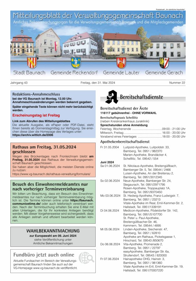 Titelblatt Mitteilungsblatt Verwaltungsgemeinschaft Baunach Ausgabe: 18/2024