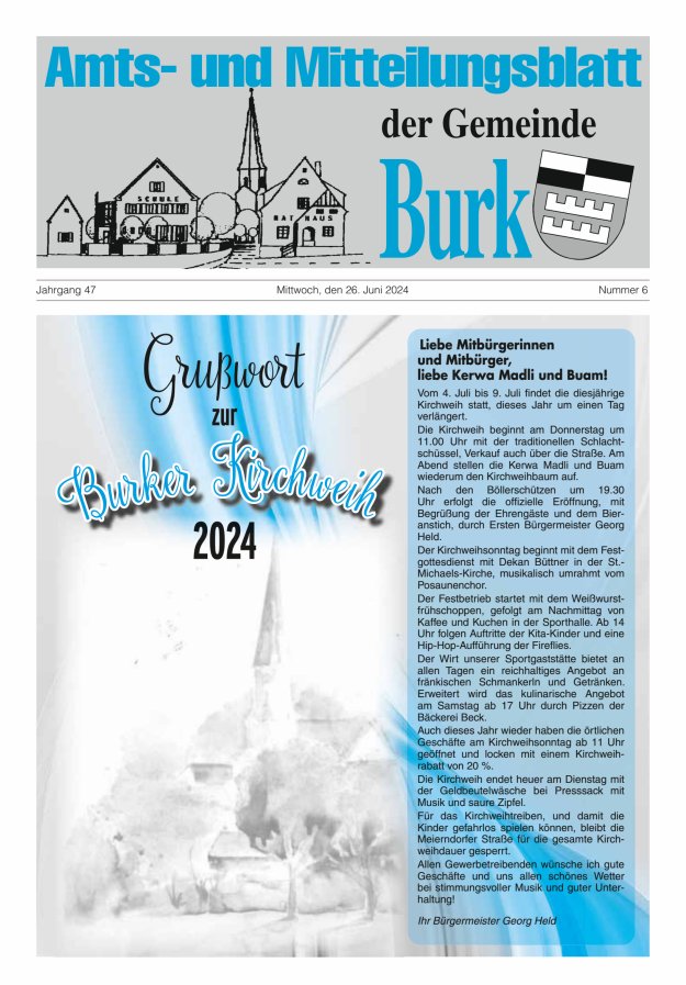 Titelblatt Amts- und Mitteilungsblatt der Gemeinde Burk Ausgabe: 05/2024