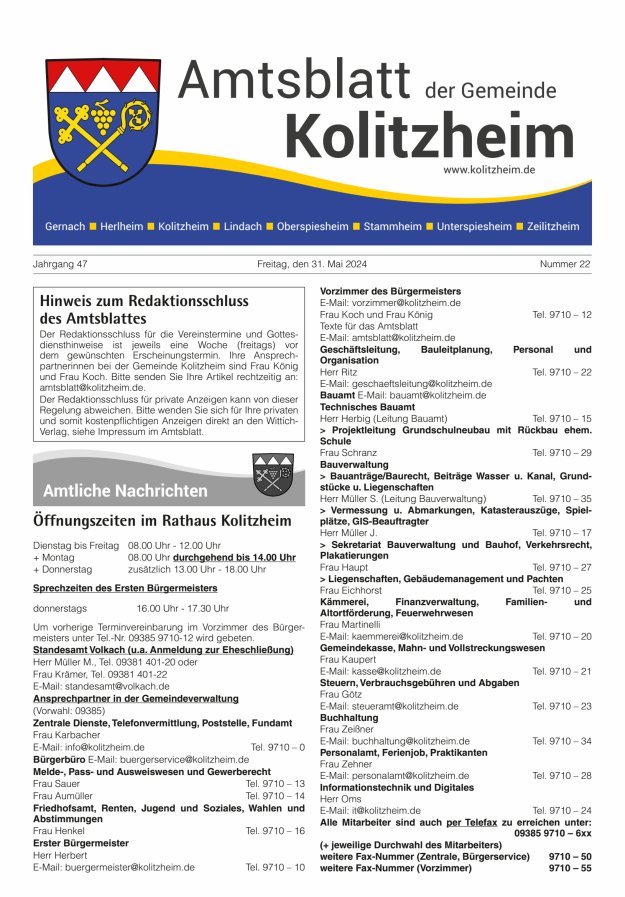 Titelblatt Amtsblatt der Gemeinde Kolitzheim Ausgabe: 18/2024