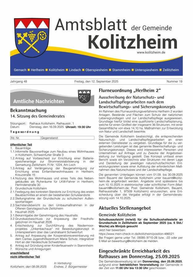 Titelblatt Amtsblatt der Gemeinde Kolitzheim Ausgabe: 20/2024