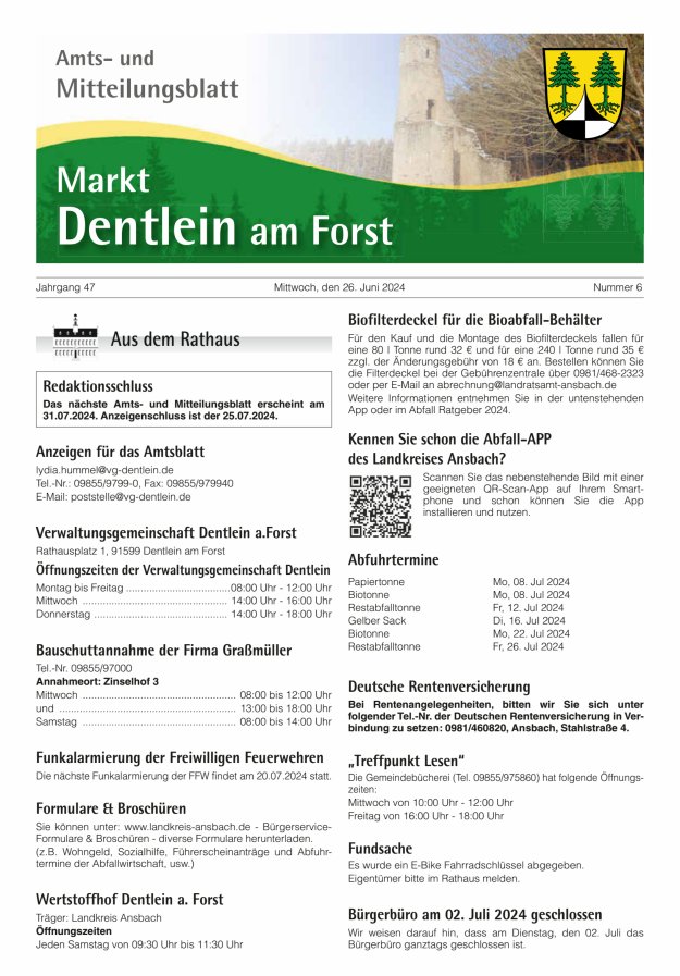 Titelblatt Amts- und Mitteilungsblatt Markt Dentlein am Forst Ausgabe: 05/2024