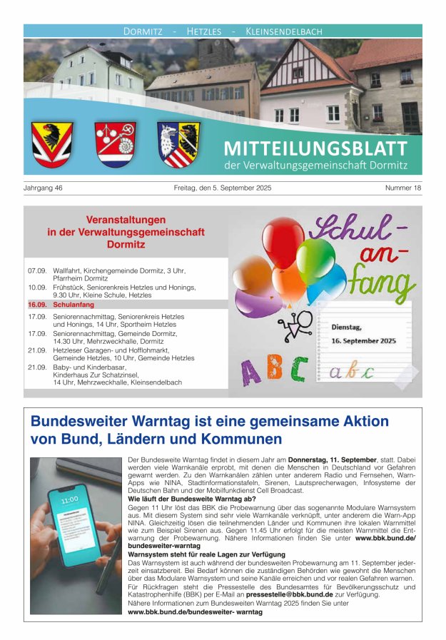 Titelblatt Mitteilungsblatt für die VG Dormitz Ausgabe: 09/2024