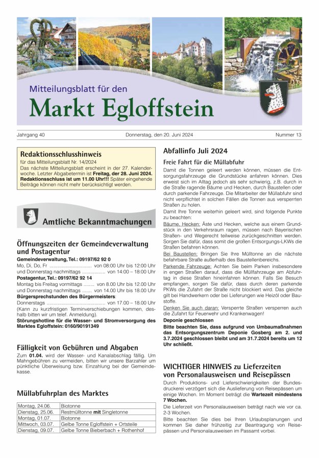 Titelblatt Mitteilungsblatt für den Markt Egloffstein Ausgabe: 11/2024