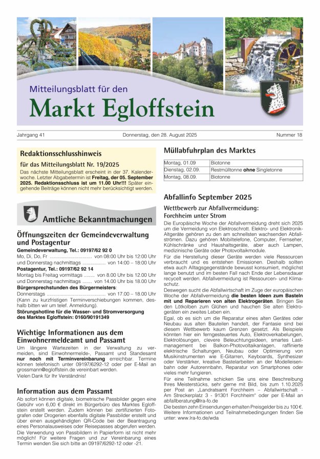 Titelblatt Mitteilungsblatt für den Markt Egloffstein Ausgabe: 11/2024