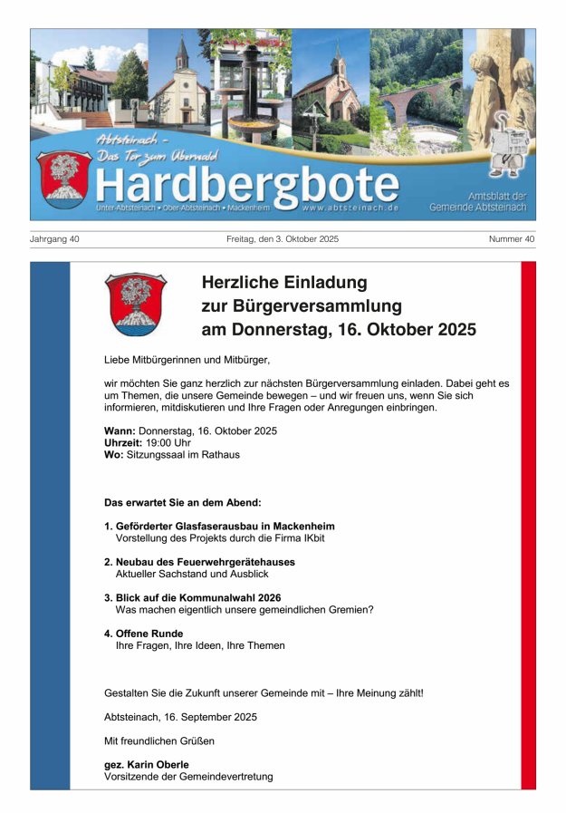 Titelblatt Hardbergbote - Mitteilungsblatt der Gemeinde Abtsteinach Ausgabe: 21/2024