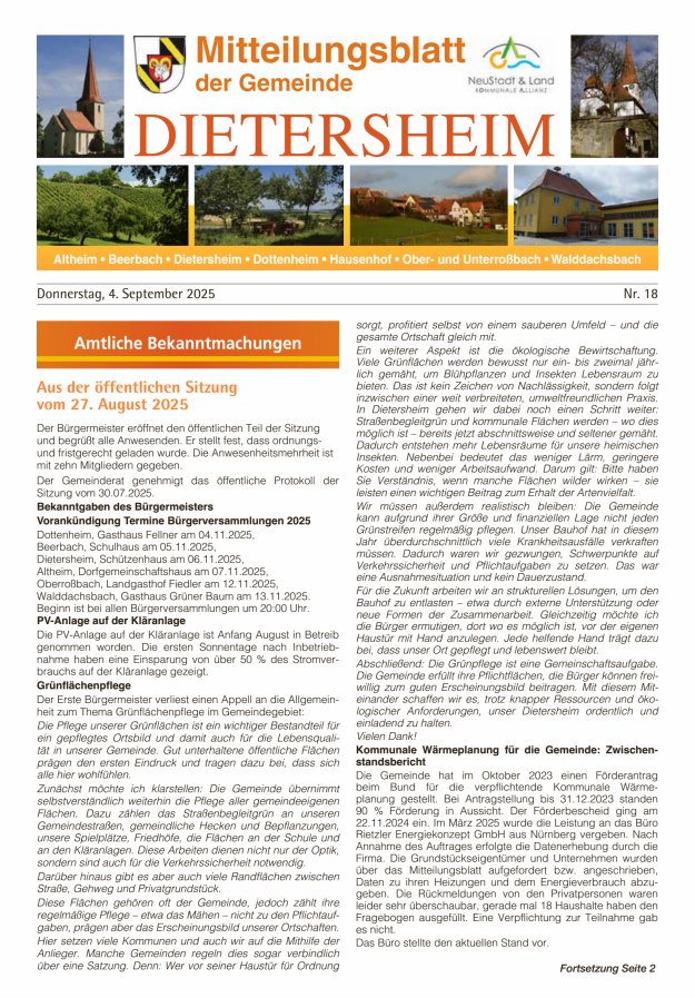 Titelblatt Mitteilungsblatt der Gemeinde Dietersheim Ausgabe: 11/2024