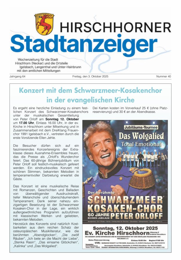 Titelblatt Hirschhorner Stadtanzeiger Ausgabe: 18/2024