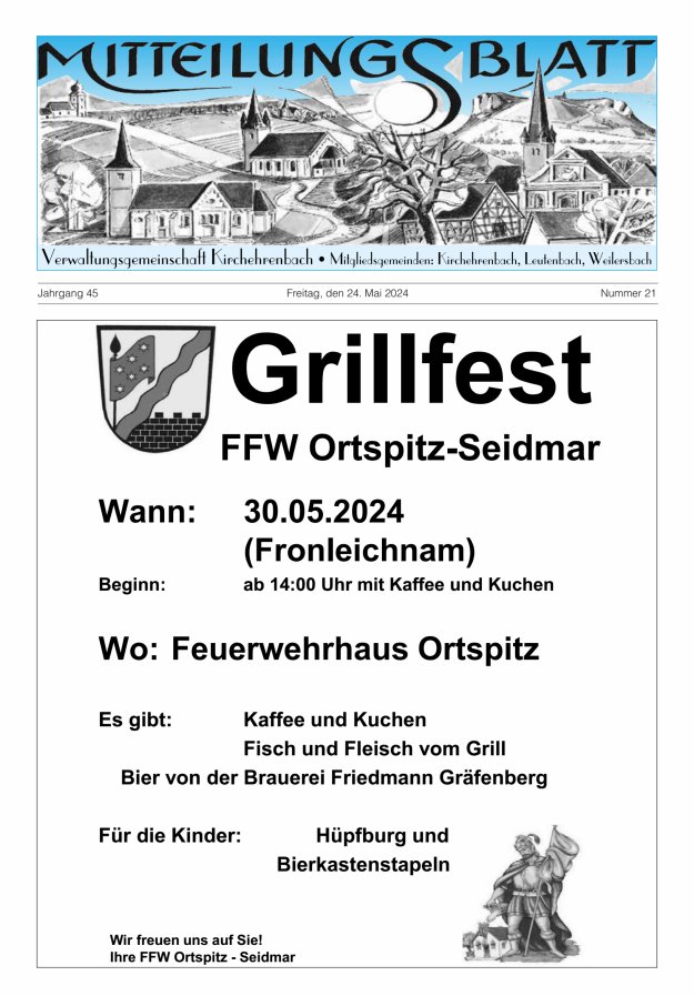 Titelblatt Mitteilungsblatt Verwaltungsgemeinschaft Kirchehrenbach Ausgabe: 20/2024
