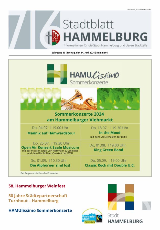 Titelblatt Stadtblatt. Informationen für die St. Hammelburg u. deren OT Ausgabe: 05/2024