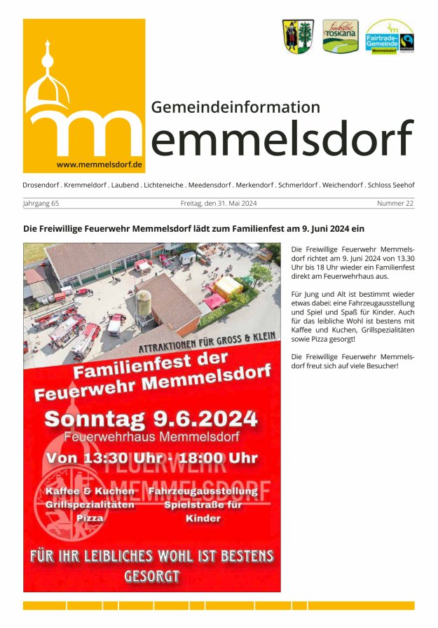Titelblatt Mitteilungsblatt der Gemeinde Memmelsdorf Ausgabe: 18/2024