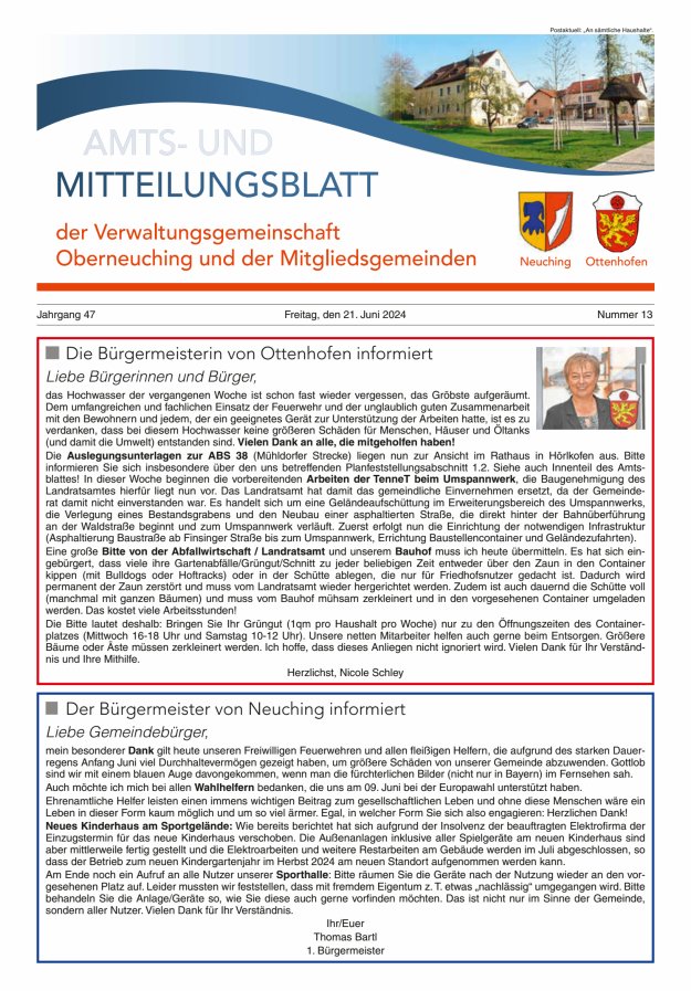 Titelblatt Amts- und Mitteilungsblatt der VG Oberneuching Ausgabe: 11/2024