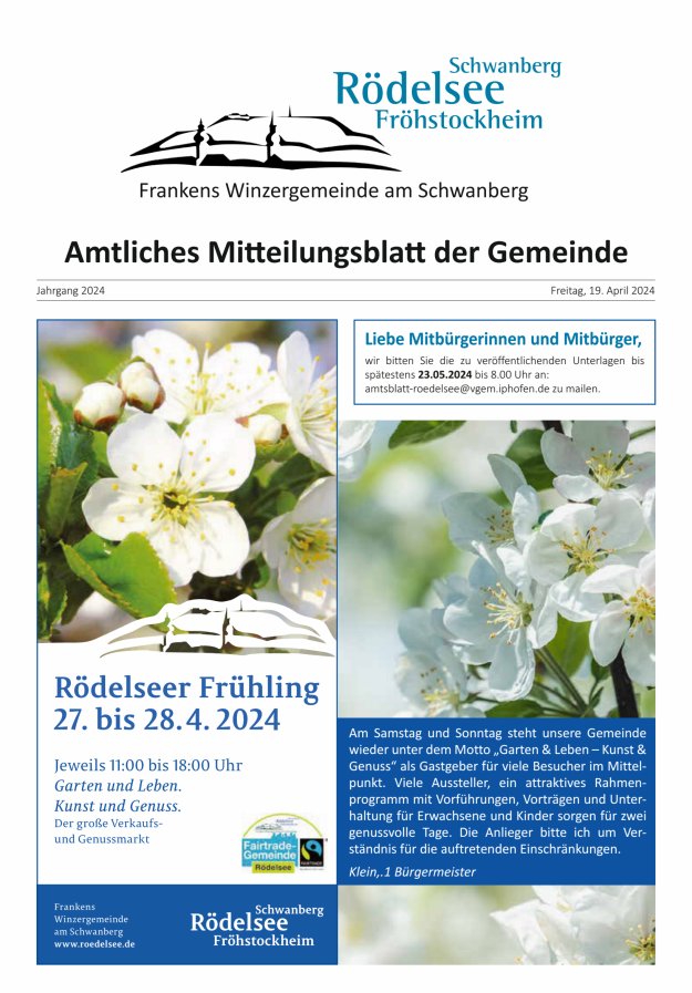 Titelblatt Amtliches Mitteilungsblatt der Gemeinde Rödelsee Ausgabe: 04/2024