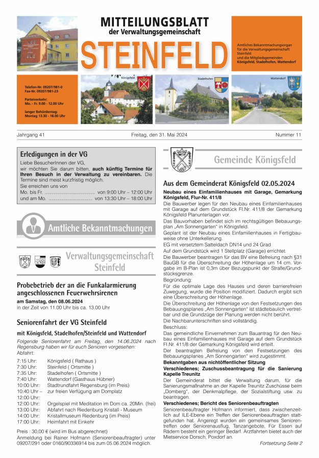 Titelblatt Mitteilungsblatt Verwaltungsgemeinschaft Steinfeld Ausgabe: 10/2024