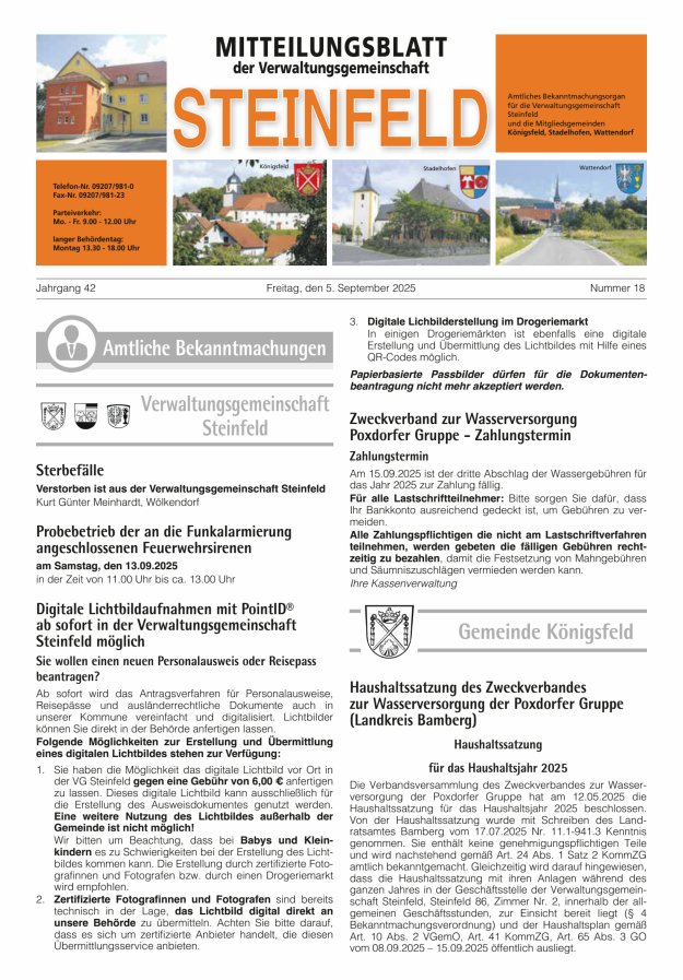 Titelblatt Mitteilungsblatt Verwaltungsgemeinschaft Steinfeld Ausgabe: 09/2024